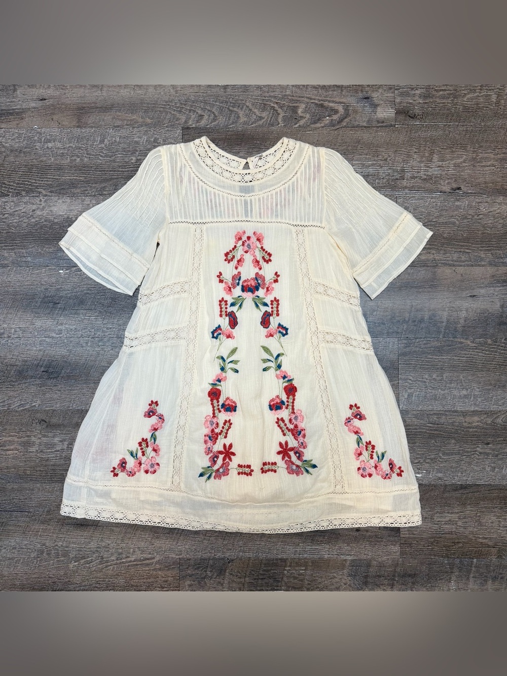 Free People Cream Dress with Pink & Red Floral Embroidery